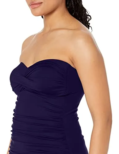 Anne Cole Women's Solid Twist Front Shirred Bandeau Tankini Swim Top, Navy, X-Small