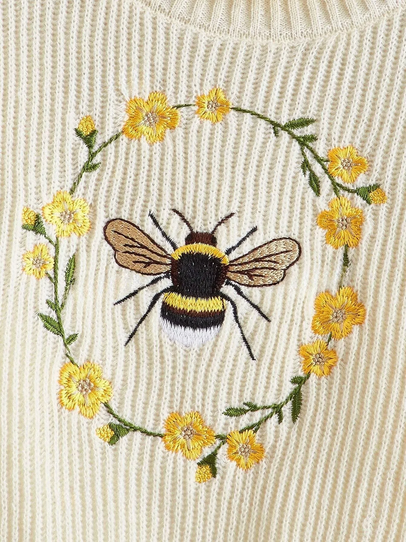 Fairycore Bee Embroidered Drop Shoulder Half Turtleneck Women's Sweater