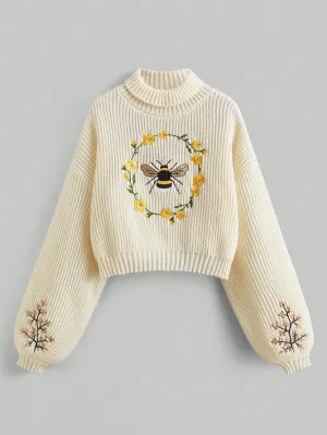 Fairycore Bee Embroidered Drop Shoulder Half Turtleneck Women's Sweater