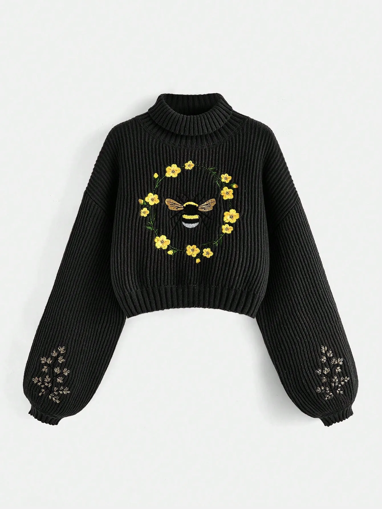 Fairycore Bee Embroidered Drop Shoulder Half Turtleneck Women's Sweater