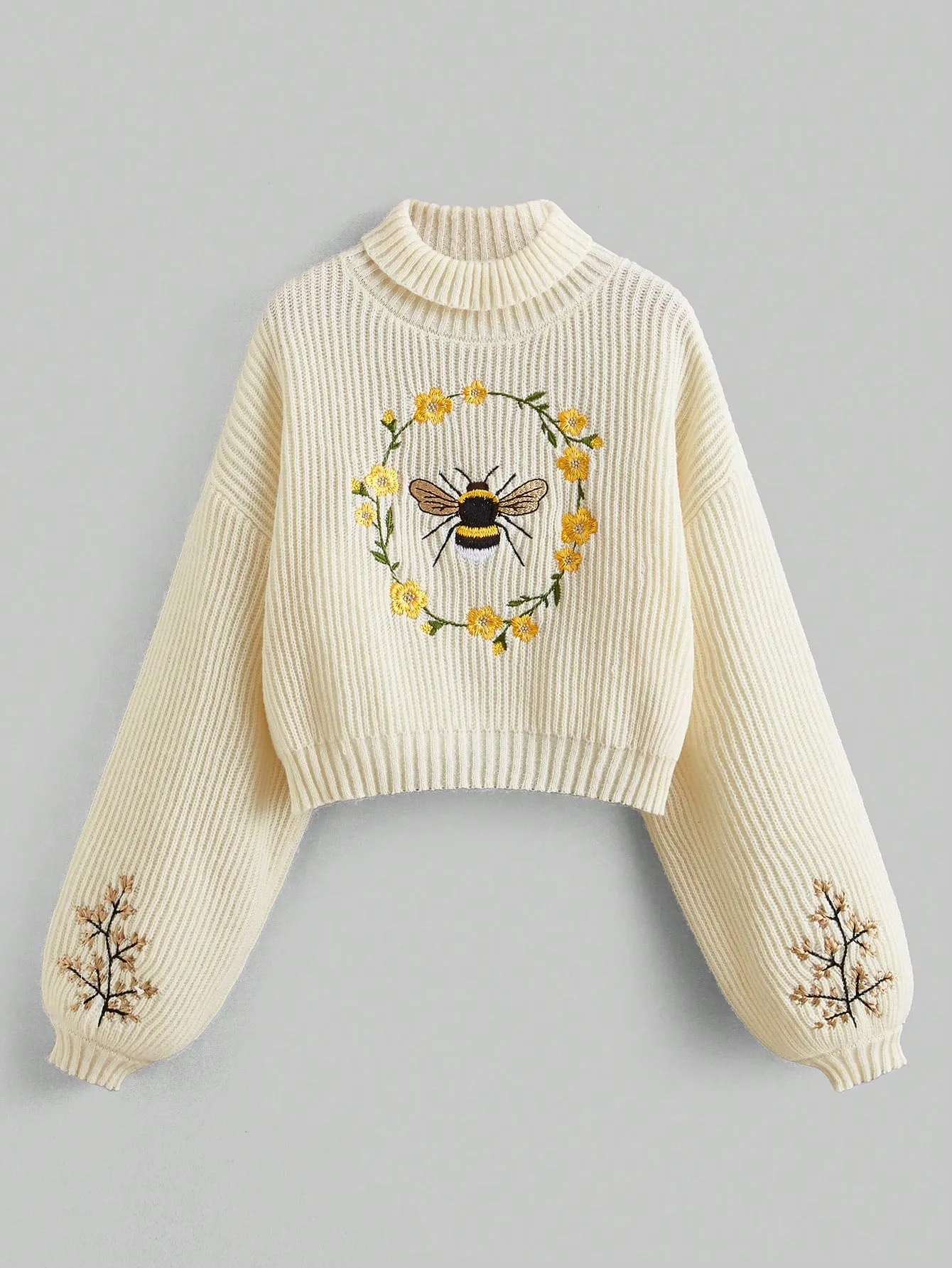 Fairycore Bee Embroidered Drop Shoulder Half Turtleneck Women's Sweater