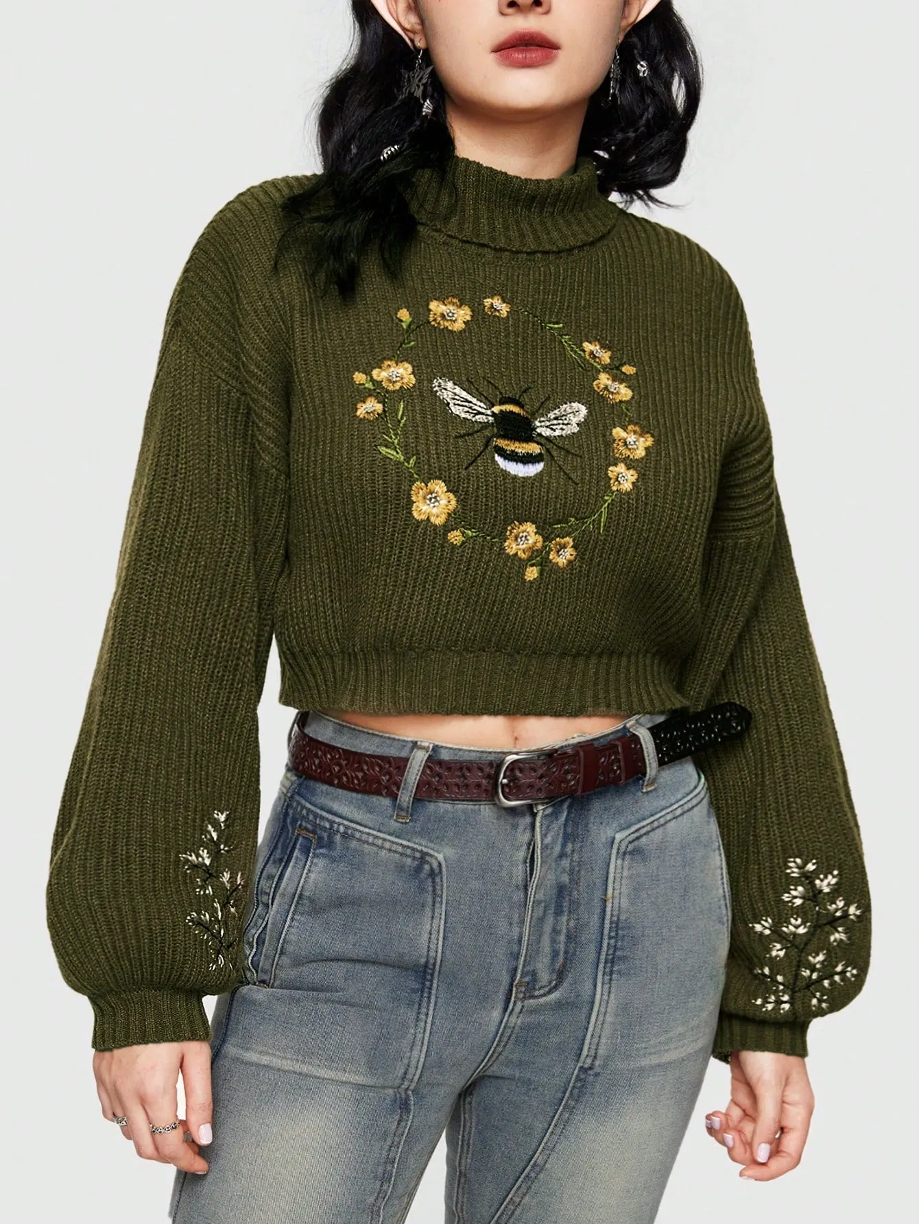 Fairycore Bee Embroidered Drop Shoulder Half Turtleneck Women's Sweater