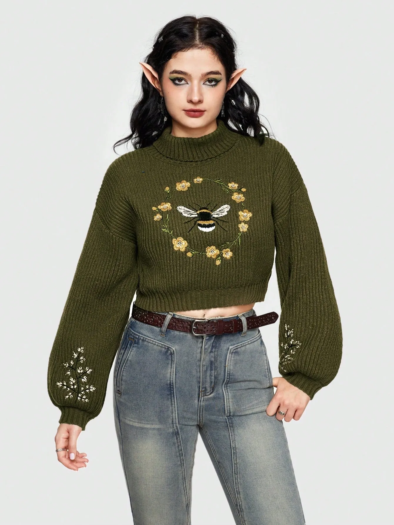 Fairycore Bee Embroidered Drop Shoulder Half Turtleneck Women's Sweater