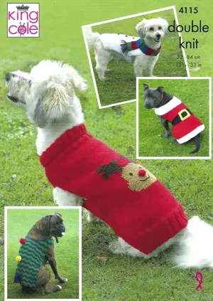King Cole Pattern 4115 Christmas Knitting Pattern - Double Knit DK Coat - Sweater Pattern for Dogs
