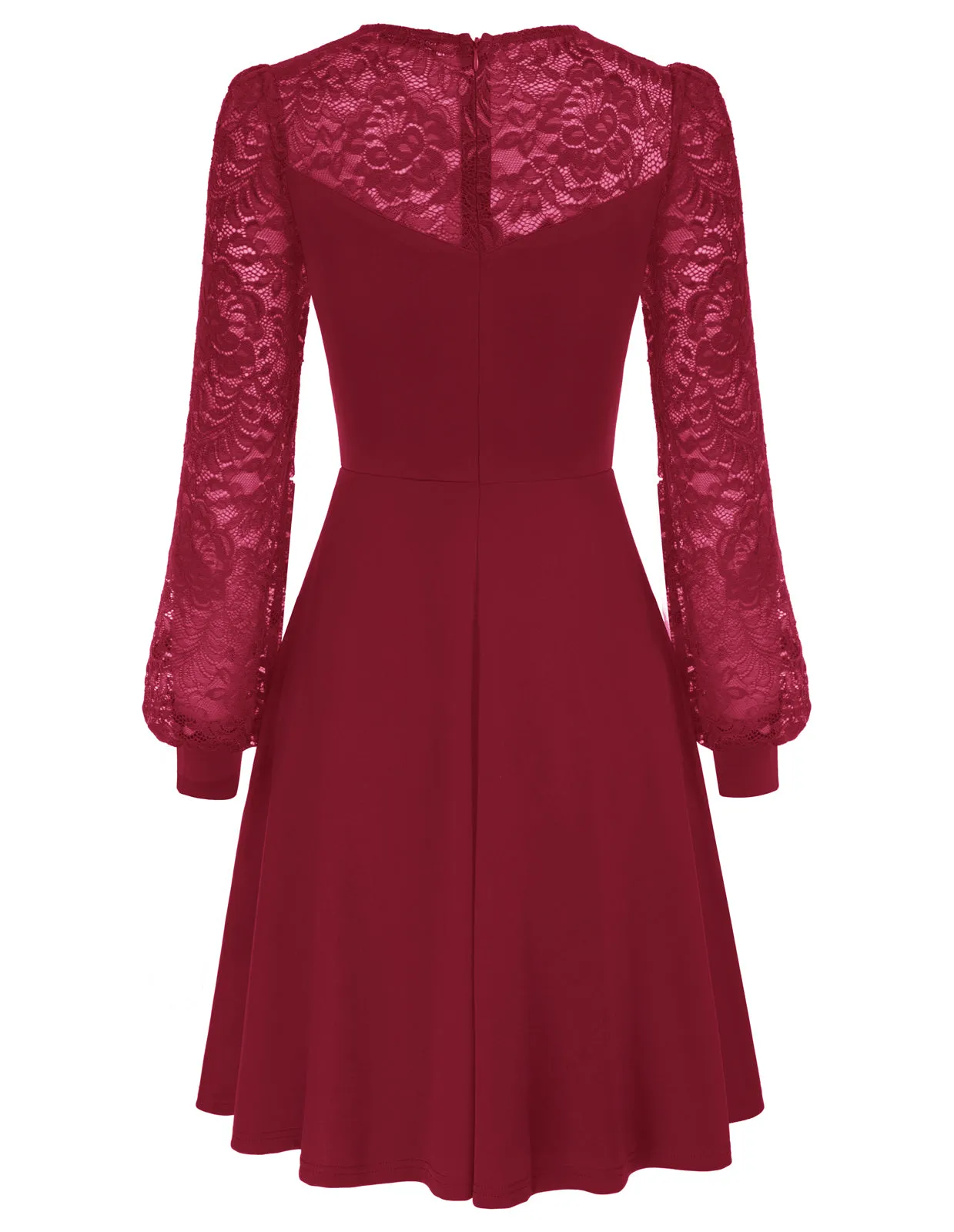 Lace Patchwork Dress Long Sleeve Crew Neck Flared A-Line Dress