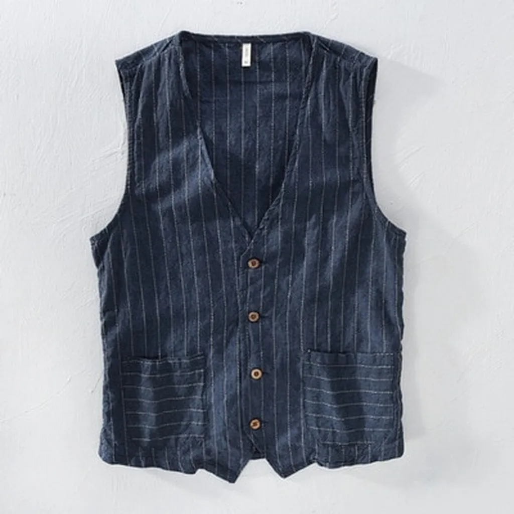 Mans Vintage Linen Suit Vest Slim Material 55%linen   45%cotton Vest Male Casual Striped Thin Waistcoat Vest Asian Size M-3xl