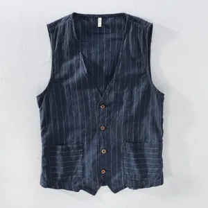 Mans Vintage Linen Suit Vest Slim Material 55%linen   45%cotton Vest Male Casual Striped Thin Waistcoat Vest Asian Size M-3xl