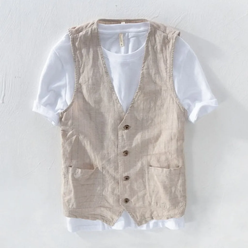 Mans Vintage Linen Suit Vest Slim Material 55%linen   45%cotton Vest Male Casual Striped Thin Waistcoat Vest Asian Size M-3xl