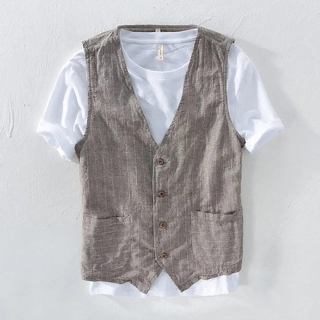 Mans Vintage Linen Suit Vest Slim Material 55%linen   45%cotton Vest Male Casual Striped Thin Waistcoat Vest Asian Size M-3xl