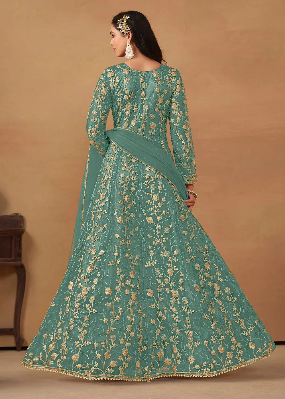Pant Style Turquoise Embroidered Net Wedding Anarkali Suit